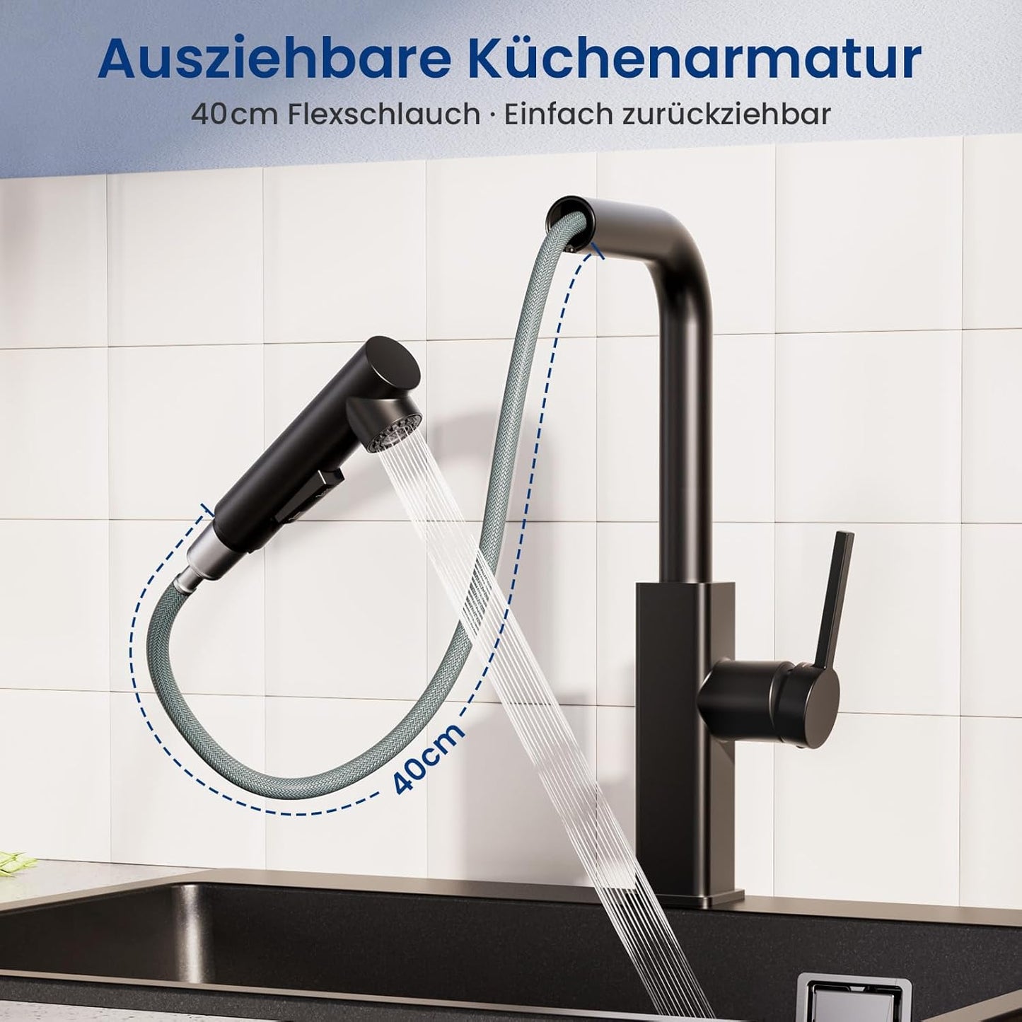 CECIPA Wasserhahn Küche Schwarz Ausziehbar, Küchenarmatur Mit Brause Ausziehbar, Mischbatterie Küche Schwarz Matt, Armatur Mit 2 Wasserstrahlarten, Spültischarmatur Edelstahl, Kitchen Tap 360° Drehung