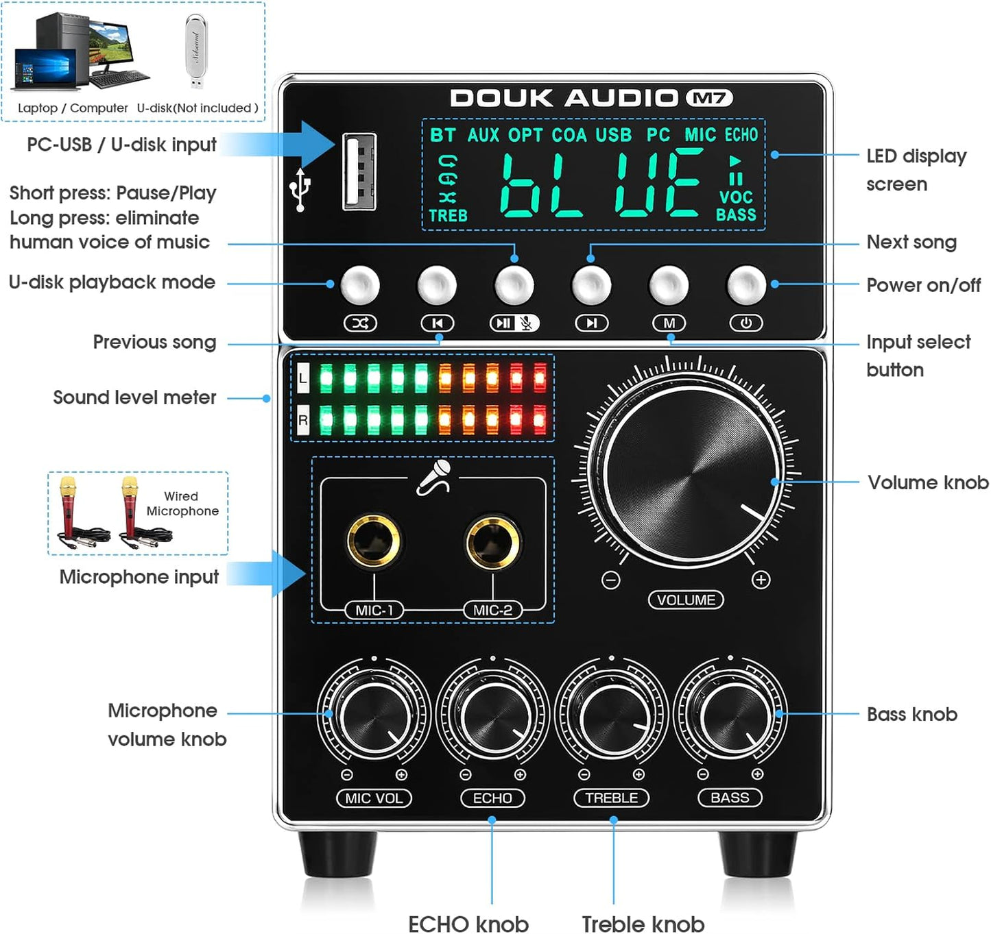 Hifi Dual MIC Digital Verstärker Bluetooth Empfänger USB Player S/PDIF Audio Power Amplifier Karaoke-Verstärker Mit Mikrofon (Ac-Eingang)