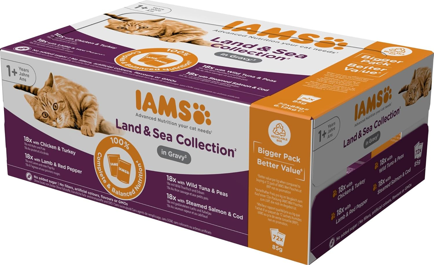 IAMS Delights Land & Sea Collection Katzenfutter Nass - Multipack Mit Fleisch Und Fisch Sorten in Sauce, Nassfutter Für Katzen Ab 1 Jahr, 72 X 85 G