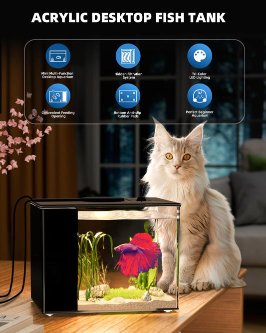 2.9L Kleines Betta Aquarium Komplettset, Mini Aquarium Aus Acryl Mit Filter, Pump, LED Light, Ideal for Small Fish, Shrimp, and Plants(Schwarz)