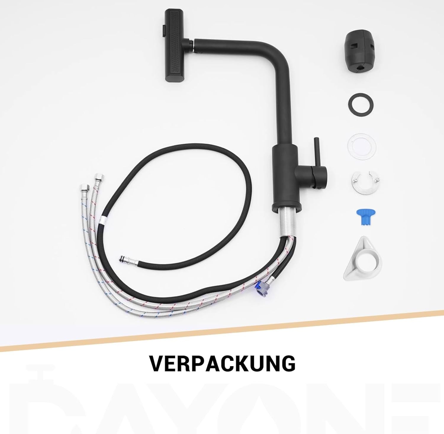 DAYONE Wasserfall Wasserhahn Küche Ausziehbar, Mattschwarz Hochdruck Spültischarmatur Küche Mit Brause, 360° Drehbar Mischbatterie Küche Mit 3 Strahlarten, SUS304 Edelstahl Küchenarmatur