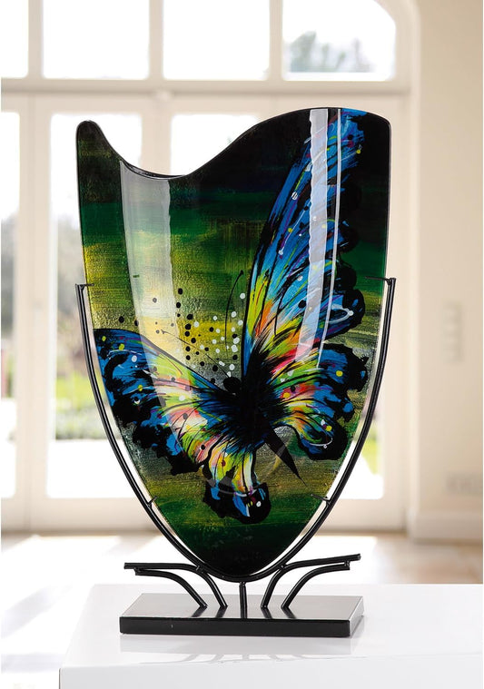 Glas Art Bodenvase Schmetterling - Glas - Blau Grün - Höhe 57Cm X Breite 35Cm - Handbemalt Und Nicht Wasserdicht