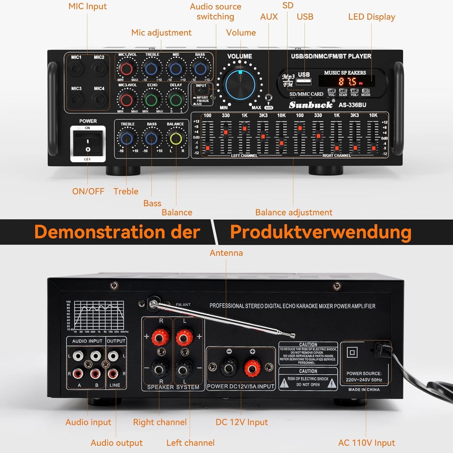 Areyourshop Hifi Verstärker Stereo Pa Endstufe Mit Bluetooth 5.0 2000W Audio Receiver Karaoke FM USB SD AUX, Vorverstärker Hifi 5-Band-Eq-Mixer, 4 Mikr, Verstärker Mit Boxen, Tuner Hifi Stereo