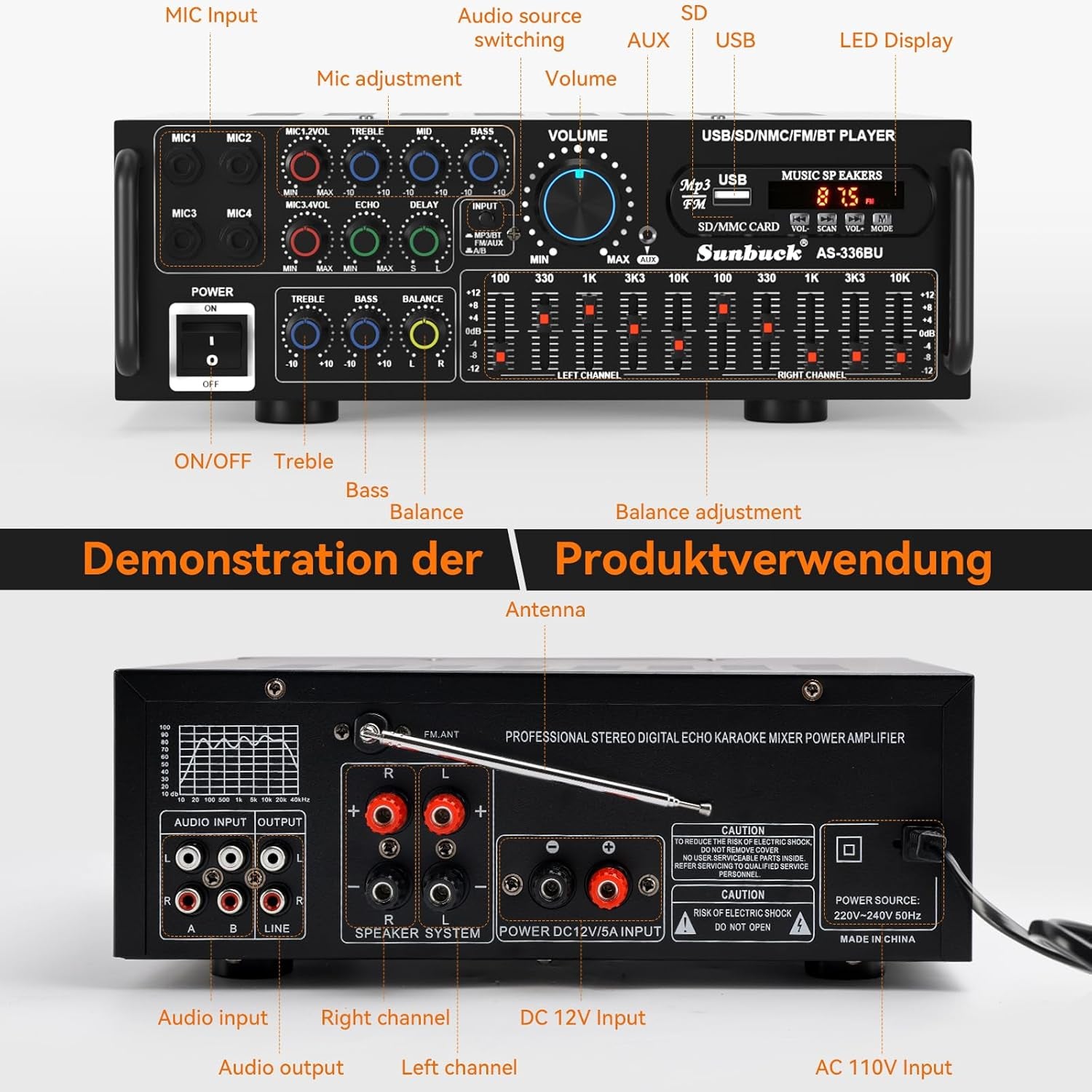 Areyourshop Hifi Verstärker Stereo Pa Endstufe Mit Bluetooth 5.0 2000W Audio Receiver Karaoke FM USB SD AUX, Vorverstärker Hifi 5-Band-Eq-Mixer, 4 Mikr, Verstärker Mit Boxen, Tuner Hifi Stereo