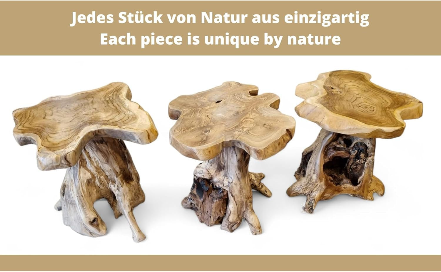 Kinaree Holz Beistelltisch ALOR Setar - Durchmesser Ca. 50-55Cm Beistelltisch Aus Teak Massivholz in Rustikaler Optik, Mit Tischplatte Aus Wurzelholz Baumscheibe (50X50X50Cm)