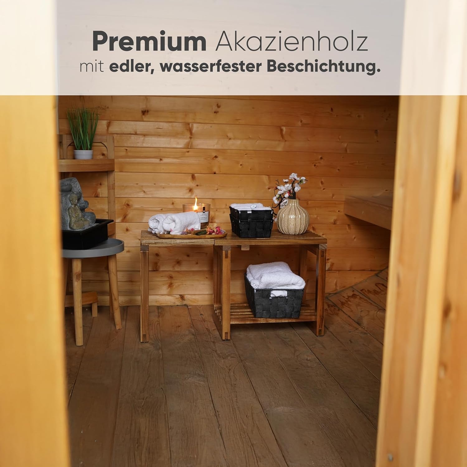 Ausziehbarer Duschhocker Aus Akazienholz - Duschbank Akazie Mit Ablage - Multifunktionale Saunabank - Hocker & Beistelltisch Aus Holz Für Badezimmer - Dusche - Balkon - Garten - Outdoor - Indoor