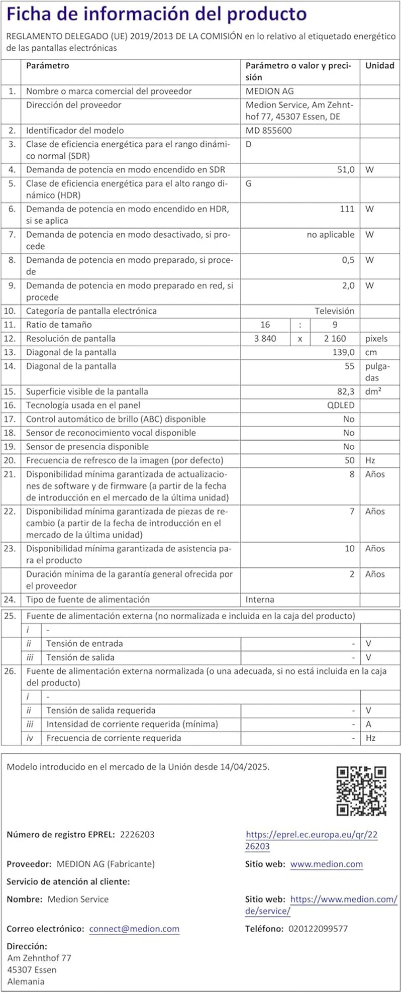 MEDION 138,8 Cm (55 Zoll) QLED Fernseher (Smart-Tv, Dolby Vision HDR, VIDAA Store, Prime Video, Disney+, DAZN, Paramount+, DTS X, Dolby Atmos, PVR, Bluetooth, MD 855600)