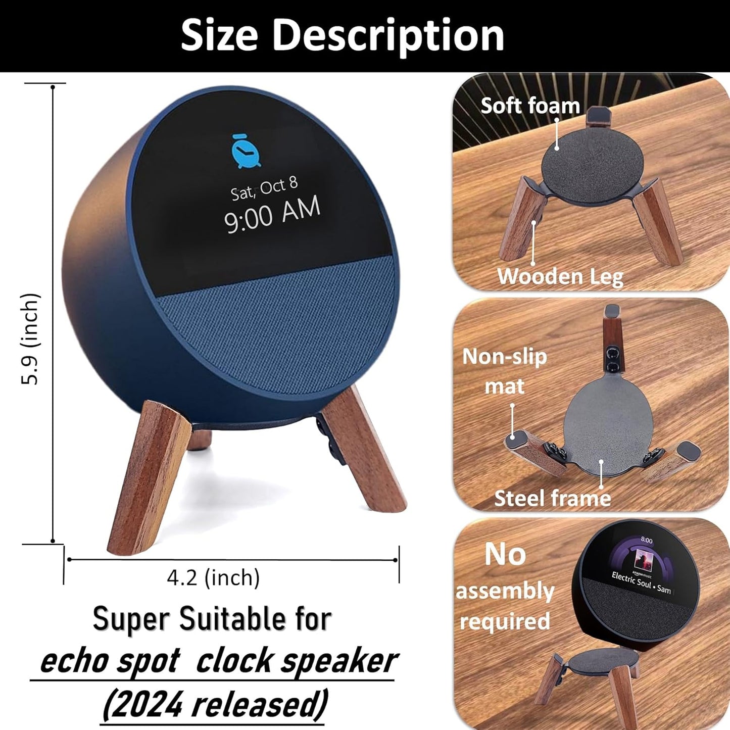 Echtholz-Ständer Für Echo Spot (2024 Veröffentlicht), Smart-Wecker, Stativhalterung, Zubehör, Schützt Alexa-Spot Für Besseren Klang, Sichere, Stabile Holzhalterung Für Spot-Lautsprecher