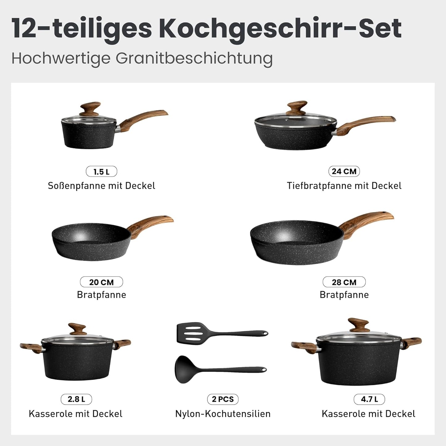 Dishdelight Induktions Töpfe Set Topf Und Pfannenset 12-Teiliges Granit Antihaft Topfset Induktion Kochtopf Set Pfanne Mit Deckel Bratpfannen Beschichteter