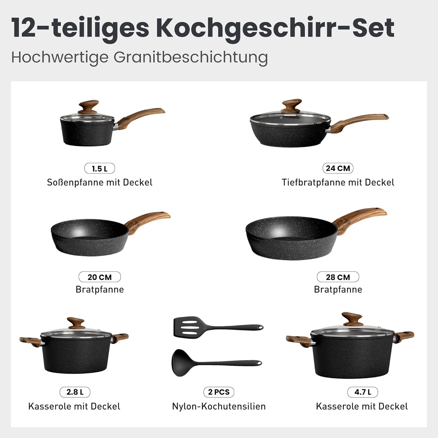 Dishdelight Induktions Töpfe Set Topf Und Pfannenset 12-Teiliges Granit Antihaft Topfset Induktion Kochtopf Set Pfanne Mit Deckel Bratpfannen Beschichteter