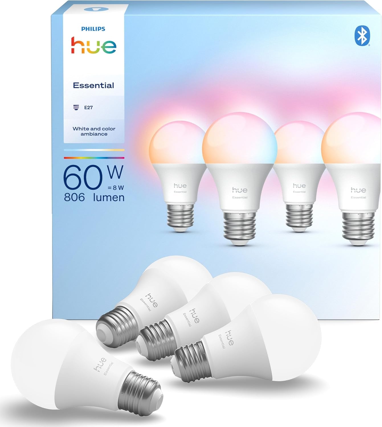 Philips Hue Essential Smart LED A60 Glühbirne,White and Color, E27-Fassung, 8 W, 2200 K–6500 K, 806 Lm, Dimmbar, Kompatibel Mit Alexa, Google Assistant Und Apple Home, 4Er-Pack