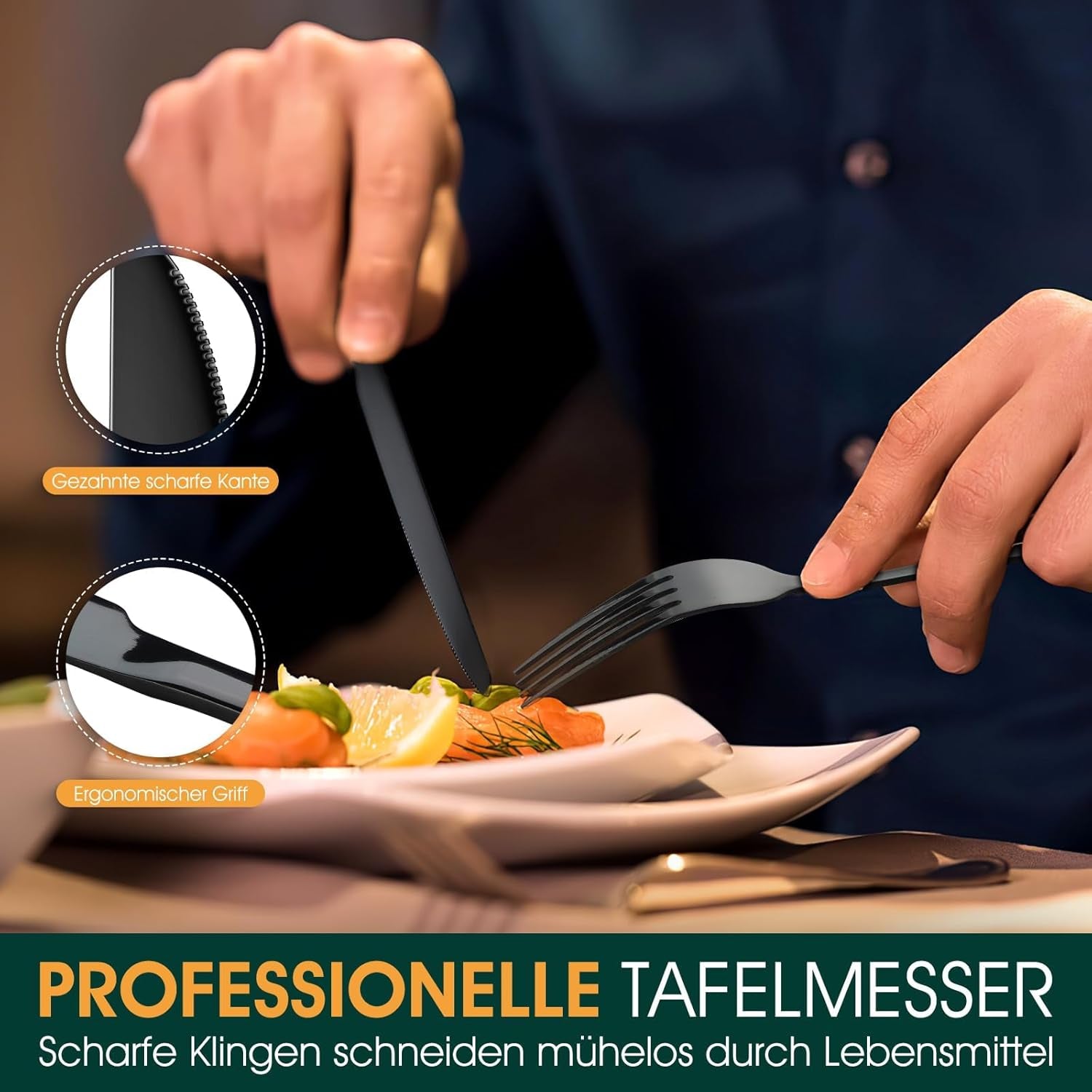 TAN REN Besteck Set Schwarz 4 Personen, 24-Teiliges Edelstahl Besteckset Mit Steakmesser, Elegantes Essbesteck Mit Messer Gabel Löffel, Tafelbesteck Für Küche/Restaurant
