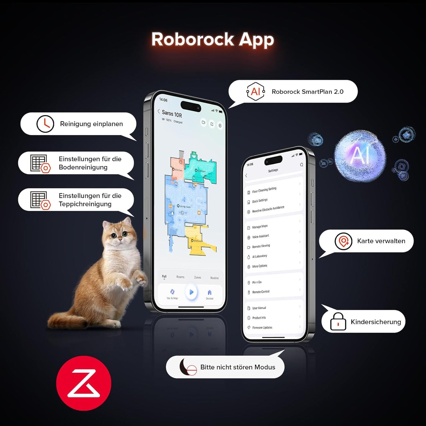 Roborock Saros 10R Saugroboter Mit Wischfunktion&Angebbarem Wischmopp, 22,000 Pa, 7,98Cm Ultra-Slim Design, Starsight System 2.0, Zero-Tangle System