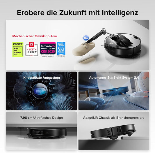 Roborock Saros Z70 Saugroboter Mit Wischfunktion, Omnigrip Arm, Ki-Gestützt, 22.000 Pa Saugkraft, 7.98 Cm Ultra Slim, Flexiarm Riser, Adaptilift Chassis, Heißwasser Mopp Waschen & Trocknen(Silber)