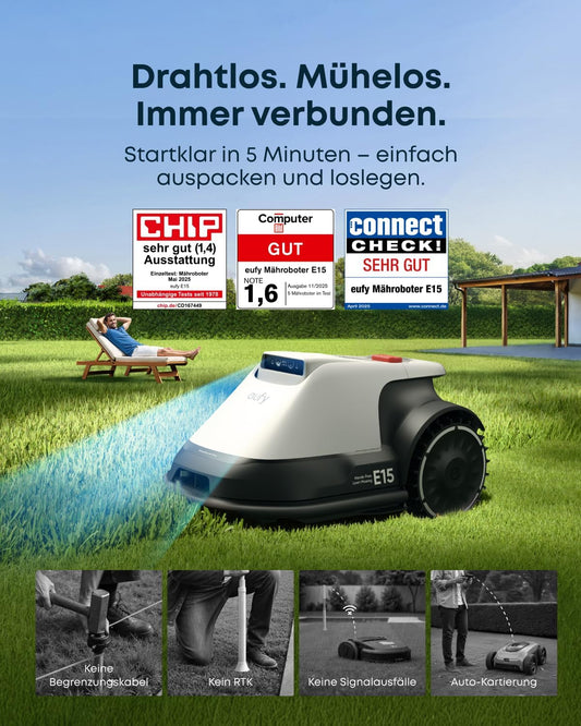 Eufy E15 Mähroboter Ohne Begrenzungskabel, Keine Signalausfälle, Kein RTK, Truevision Technologie, Smart-Navigation, Garten Bis 800M², Präzisionsrandschnitt, Hindernisvermeidung, App-Steuerung