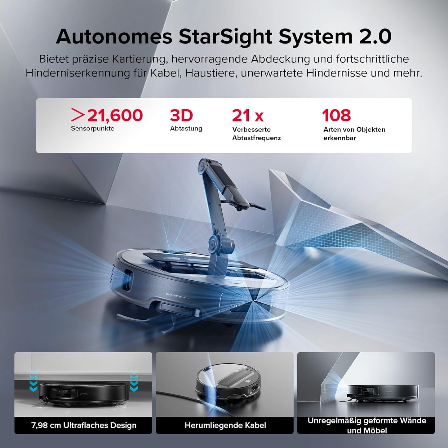Roborock Saros Z70 Saugroboter Mit Wischfunktion, Omnigrip Arm, Ki-Gestützt, 22.000 Pa Saugkraft, 7.98 Cm Ultra Slim, Flexiarm Riser, Adaptilift Chassis, Heißwasser Mopp Waschen & Trocknen(Silber)
