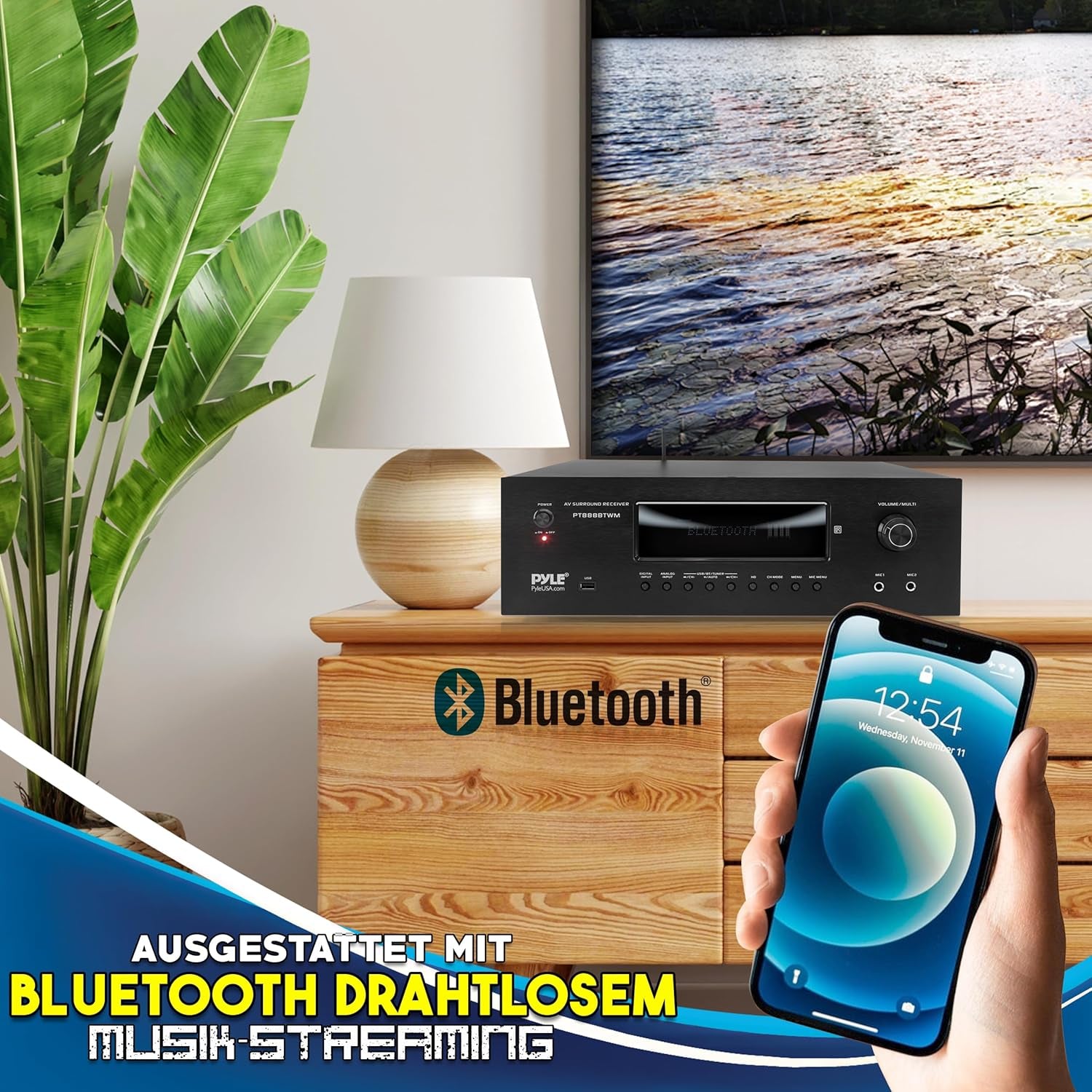 Pyle Amplifier, 5.2 Kanal Bluetooth Verstärker, 1000W AV Receiver Mit 2 UHF Kabellosen Mikrofonen, 4K UHD TV HDM/USB/MP3 Unterstützung, Heimkino & Karaoke Sound System