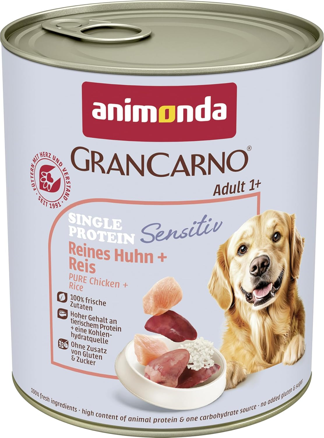Animonda Grancarno Hunde Nassfutter Sensitiv Reines Huhn + Reis (6 X 800G), Getreidefreies Hundenassfutter Ohne Zucker, Für Ausgewachsene Hunde, Mit Frischen Fleischigen Zutaten
