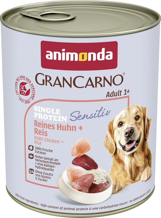 Animonda Grancarno Hunde Nassfutter Sensitiv Reines Huhn + Reis (6 X 800G), Getreidefreies Hundenassfutter Ohne Zucker, Für Ausgewachsene Hunde, Mit Frischen Fleischigen Zutaten
