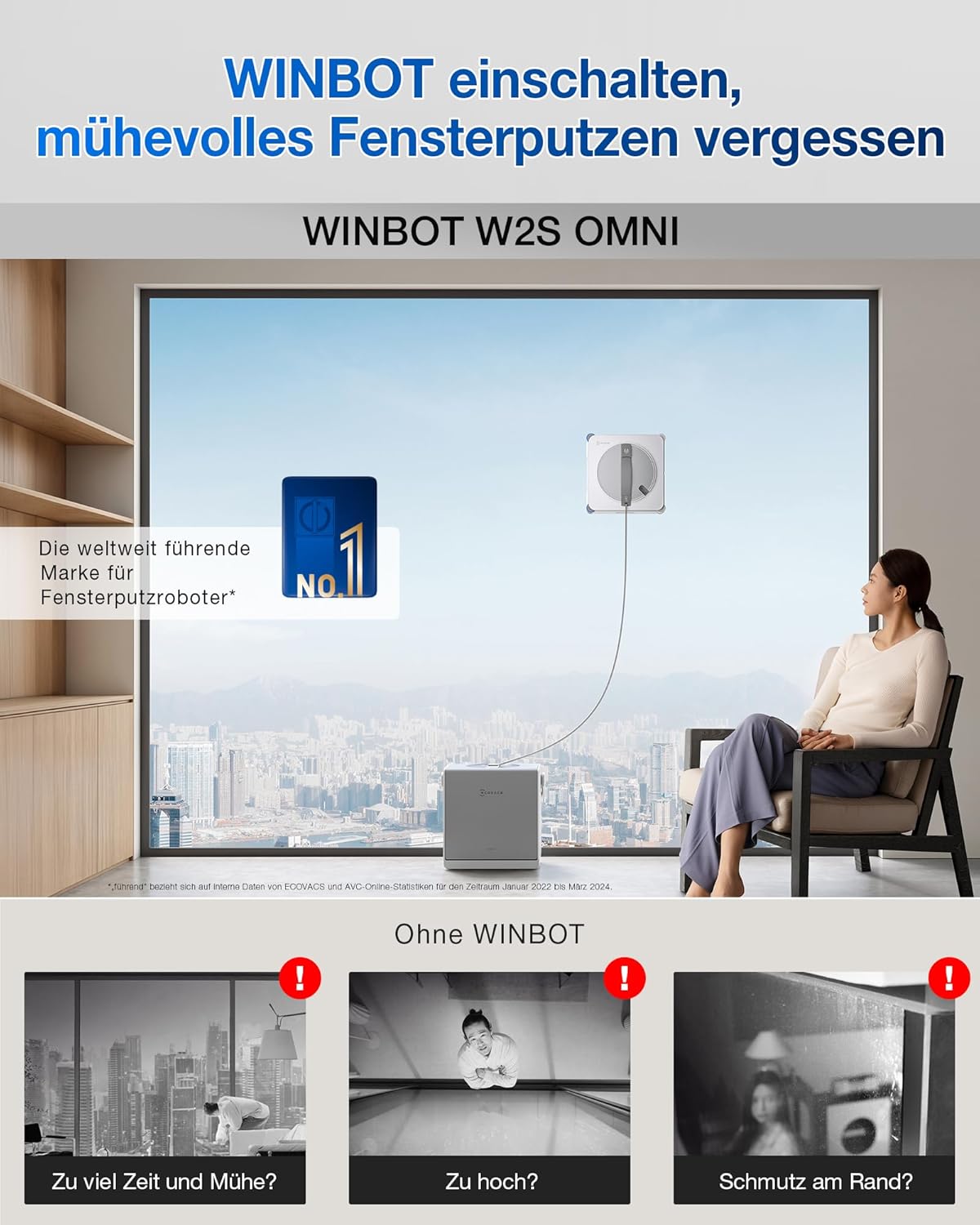 ECOVACS WINBOT W2S Omni Fensterputzroboter Mit Multifunktionsstation, Intelligenter Bis-An-Den-Rand-Reinigung Mit Truedge™, Aufladen Während Des Betriebs, DREI Wasserdüsen, 12-Stufigem Schutz