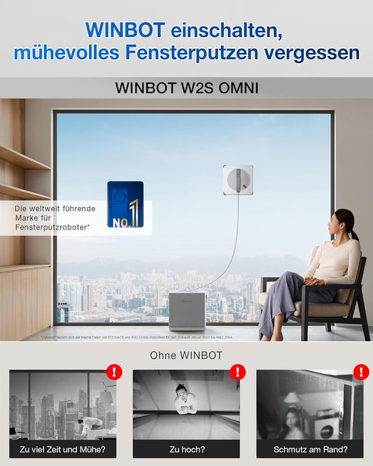 ECOVACS WINBOT W2S Omni Fensterputzroboter Mit Multifunktionsstation, Intelligenter Bis-An-Den-Rand-Reinigung Mit Truedge™, Aufladen Während Des Betriebs, DREI Wasserdüsen, 12-Stufigem Schutz