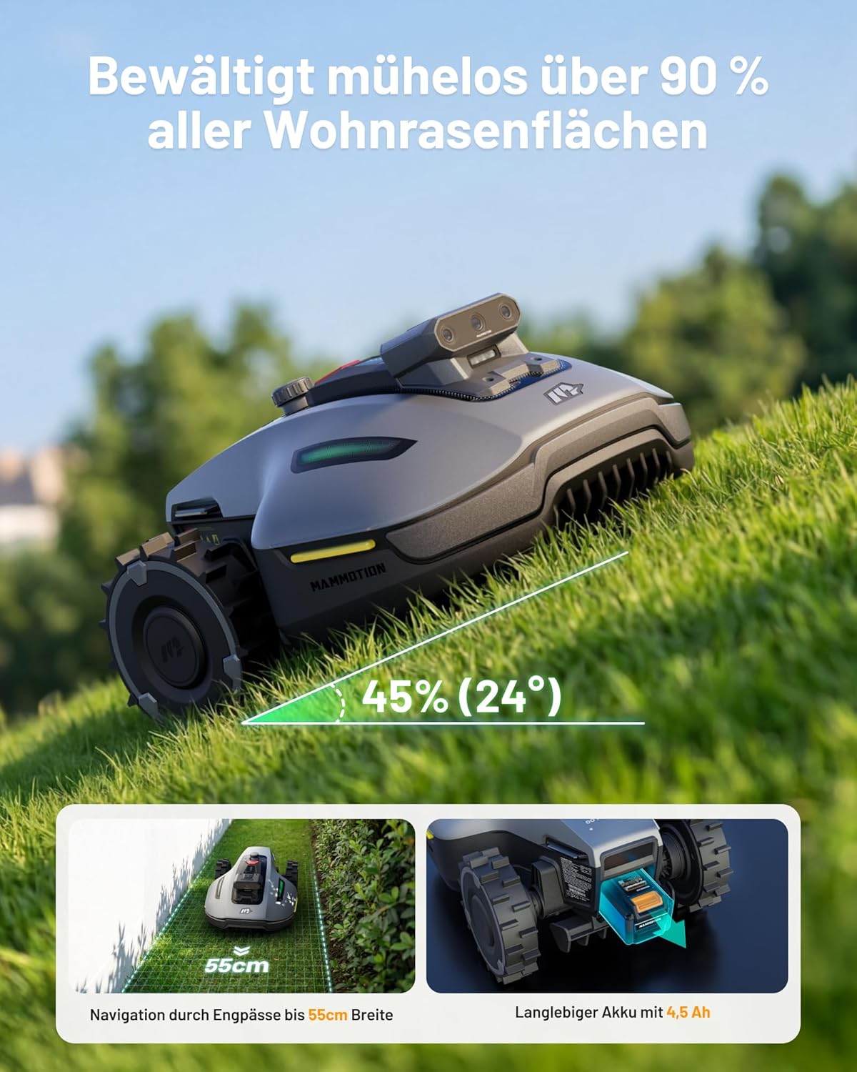 MAMMOTION YUKA Mini 2 500 Mähroboter Ohne Begrenzungskabel, Empf. 500 M², Ai-Gestützte Drei-Kamera-Bildverarbeitung Rasenmäher Roboter, Auto-Mehrzonen-Kartierung, Dropmow, 4.5Ah-Akku