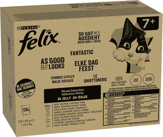 Felix so Gut Wie Es Aussieht Senior Katzenfutter Nass in Gelee, Sorten-Mix, 120Er Pack (120 X 85G)
