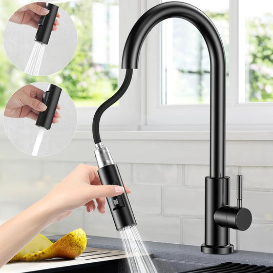 Wasserhahn Küche Schwarz,360° Schwenkbar Spültischarmatur Küche,Hochdruck Küchenarmatur Mit Brause Ausziehbar, Edelstahl Heiß Kalt Armatur Küche G3/8'' Verbindung-2- Strahlarten