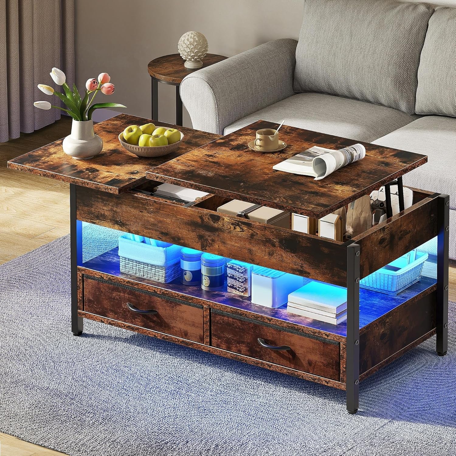 YITAHOME Couchtisch Höhenverstellbar, Wohnzimmertisch Mit Verstecktem Ablagefach Für Für Wohnzimmer, Büro, Couchtisch Mit Stauraum Und 2 Schublade Und Led-Lichtleiste 106 X50X51,5Cm