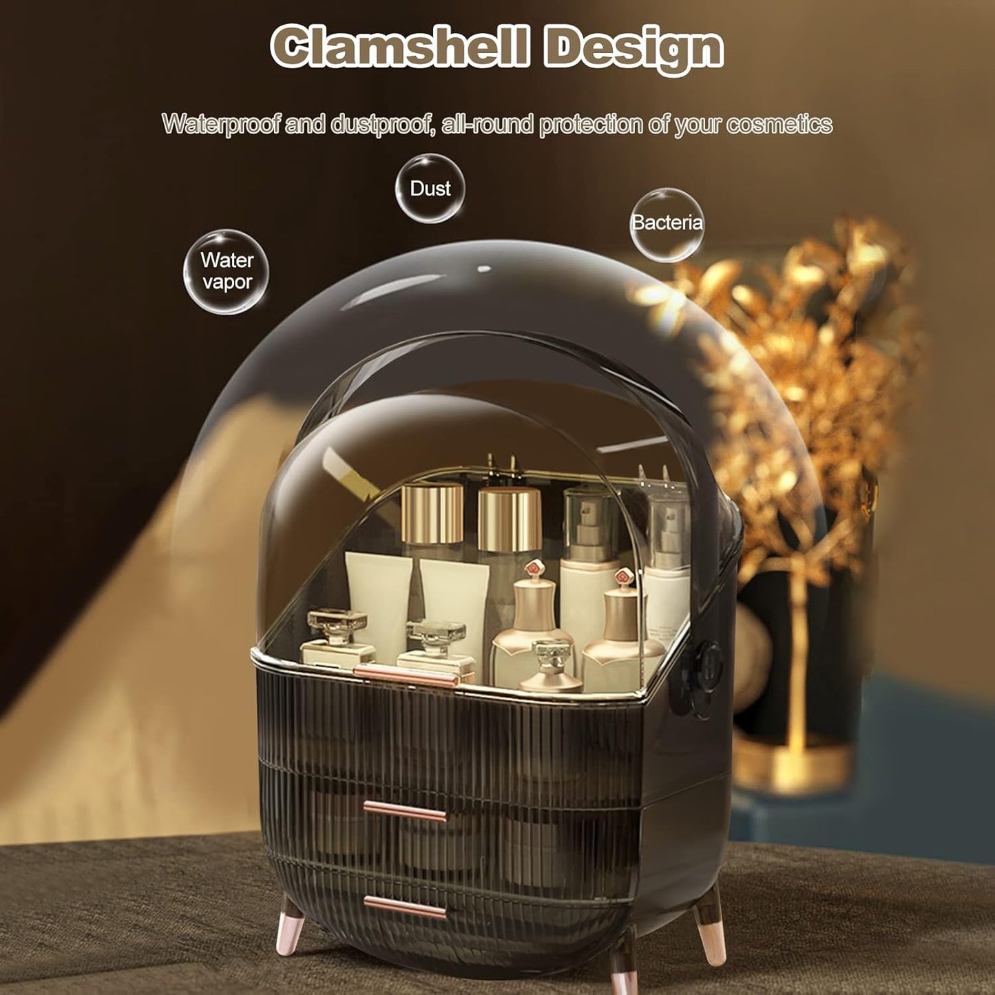 Galatée Retro Serie 180°Drehbar Tragbare Make up Organizer Kosmetikbox Kosmetische Aufbewahrungs Box Mit Staubdichtem Deckel, Beauty Organizer Mit 2 Schubladen Und Tragegriff - （Retro-Grau）