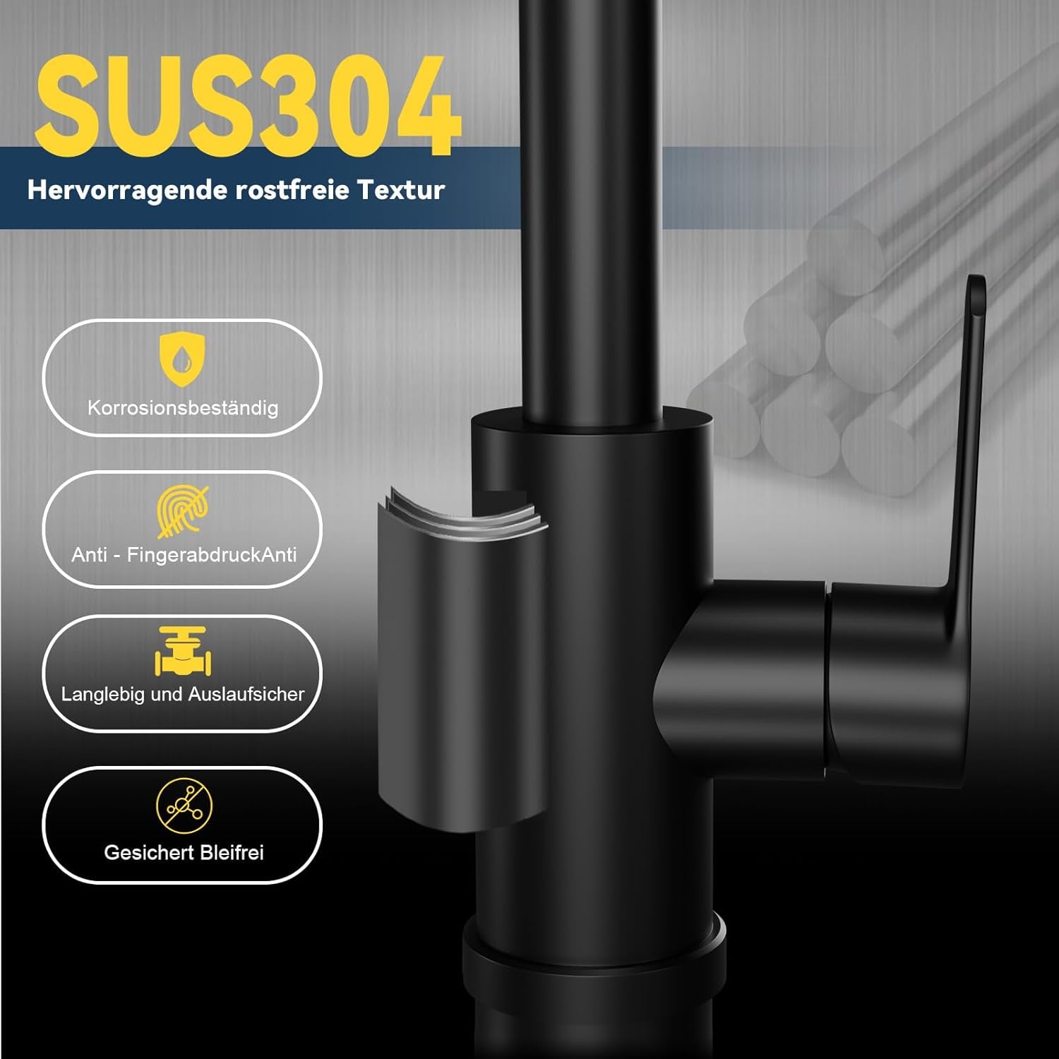 Wasserhahn Küche Küchenarmatur Schwarz - Waterfall Spültischarmatur Ausziehbar Mit Brause Mischbatterie Spüle 360° Drehbar Armatur Edelstahl Mit 3 Strahlarten Küchenwasserhahn