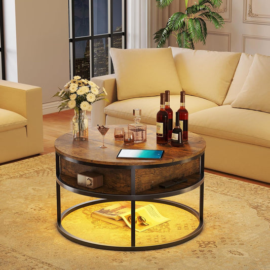 Dripex Couchtisch Rund, 81Cm Durchmesser, Höhenverstellbar Beistelltisch Mit Verstecktem Stauraum, Wohnzimmer Mit Hebeplatte,Couch Tisch,Kaffeetisch, Holz Wohnzimmertisch Für Wohnzimmer, Büro