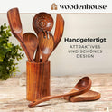 Holz Kochbesteck-Set Mit Halter, Pfannenwender Kochlöffel Schöpfkelle Nudelheber Servierlöffel Sieb – Mit Haken, Halter Und Ablage – 13-Teiliges-Set Küchenset – Hochwertig & Nachhaltig