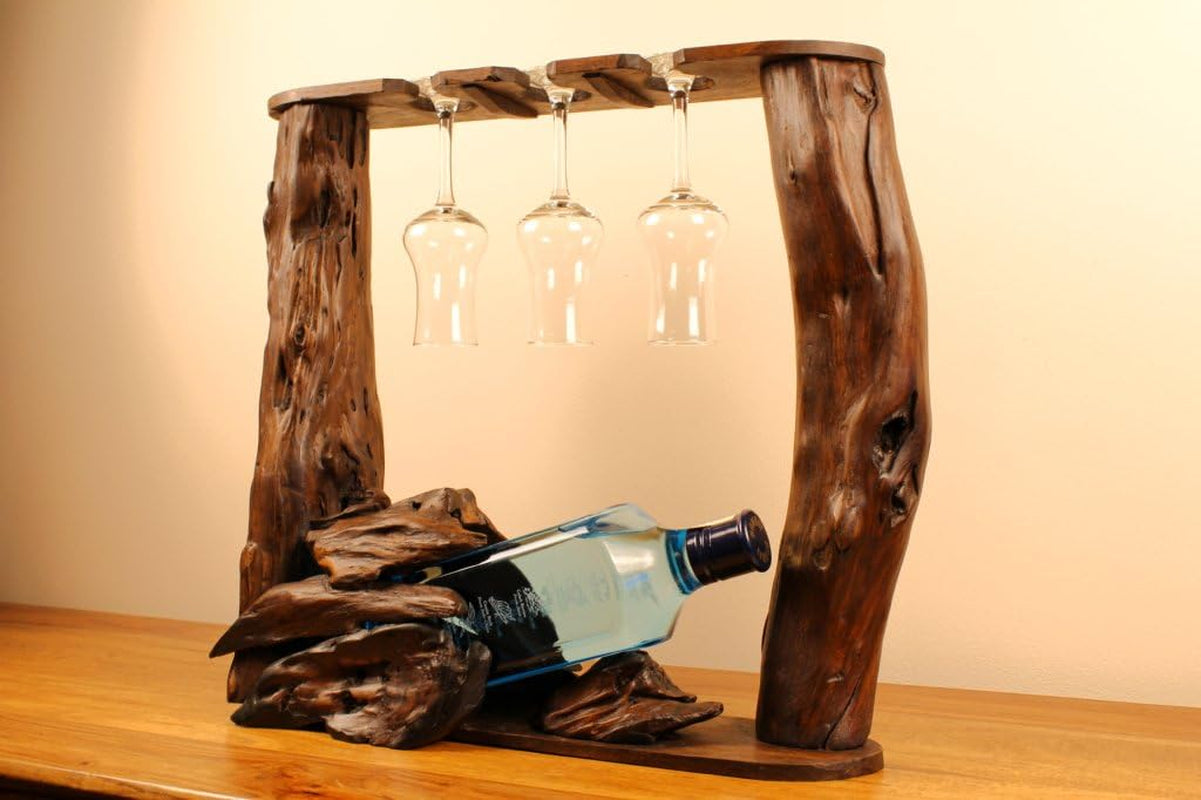 Kinaree Wurzelholz Flaschenhalter - Flaschenständer Für 1 Flasche Und 3 Gläser, Für Wein, Likör Oder Schnäpse - Geschenkidee Für Geburtstag, Weihnachten Oder Hochzeit