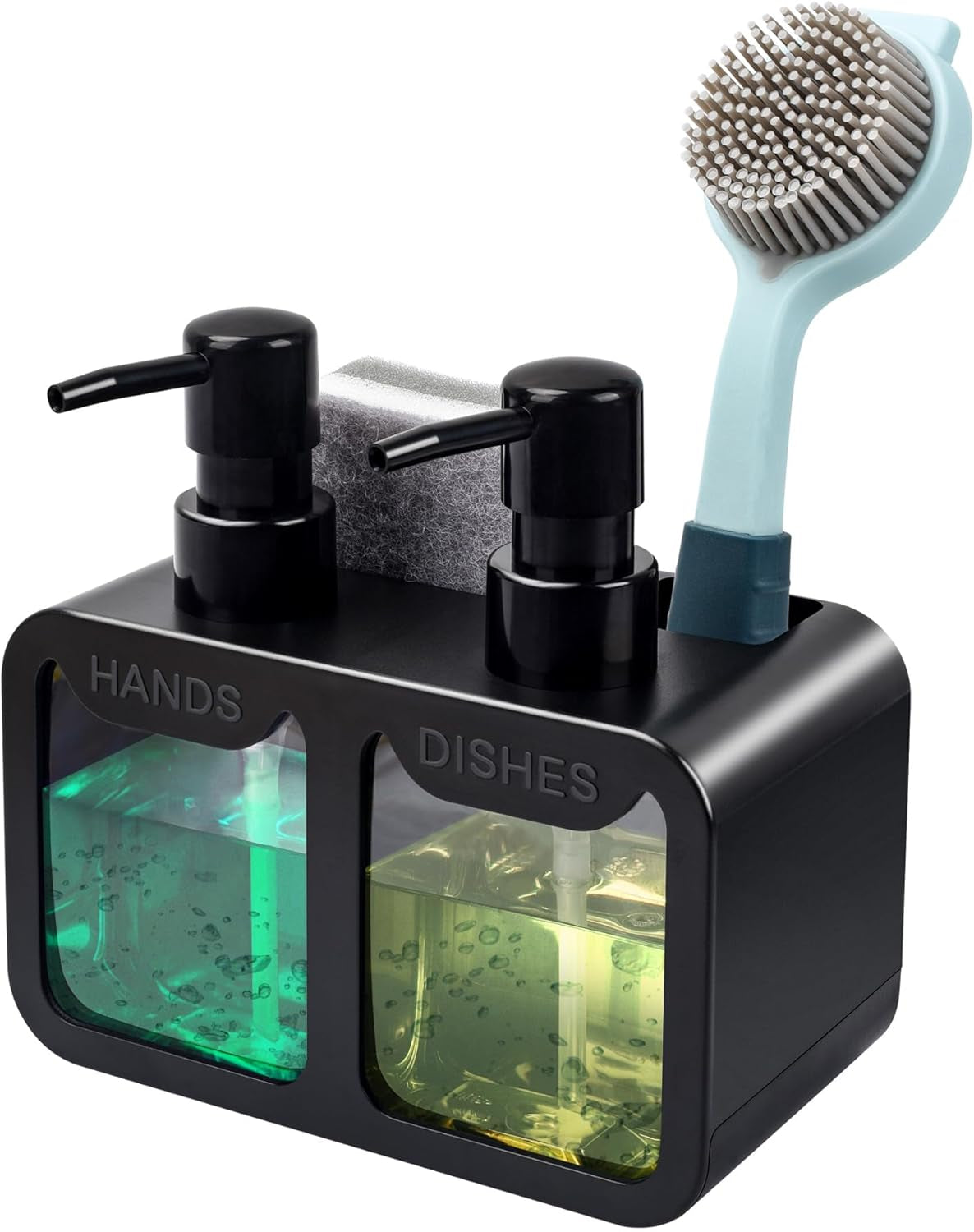 Küchenhandseifen- Und Spülseifenspender-Set, Doppelseifenspender Mit Schwammablage Und Bürstenhalter, 4-In-1-Organizer Für Küchenspüle, Arbeitsplatte, Nützliche Küchenhelfer, Schwarz