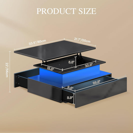 YITAHOME Couchtisch Höhenverstellbar, Wohnzimmertisch Hochglanz Mit Hebeplatte,Couch Tisch Wohnzimmer Mit 16-Farbiger LED Modern and 2 Schubladen