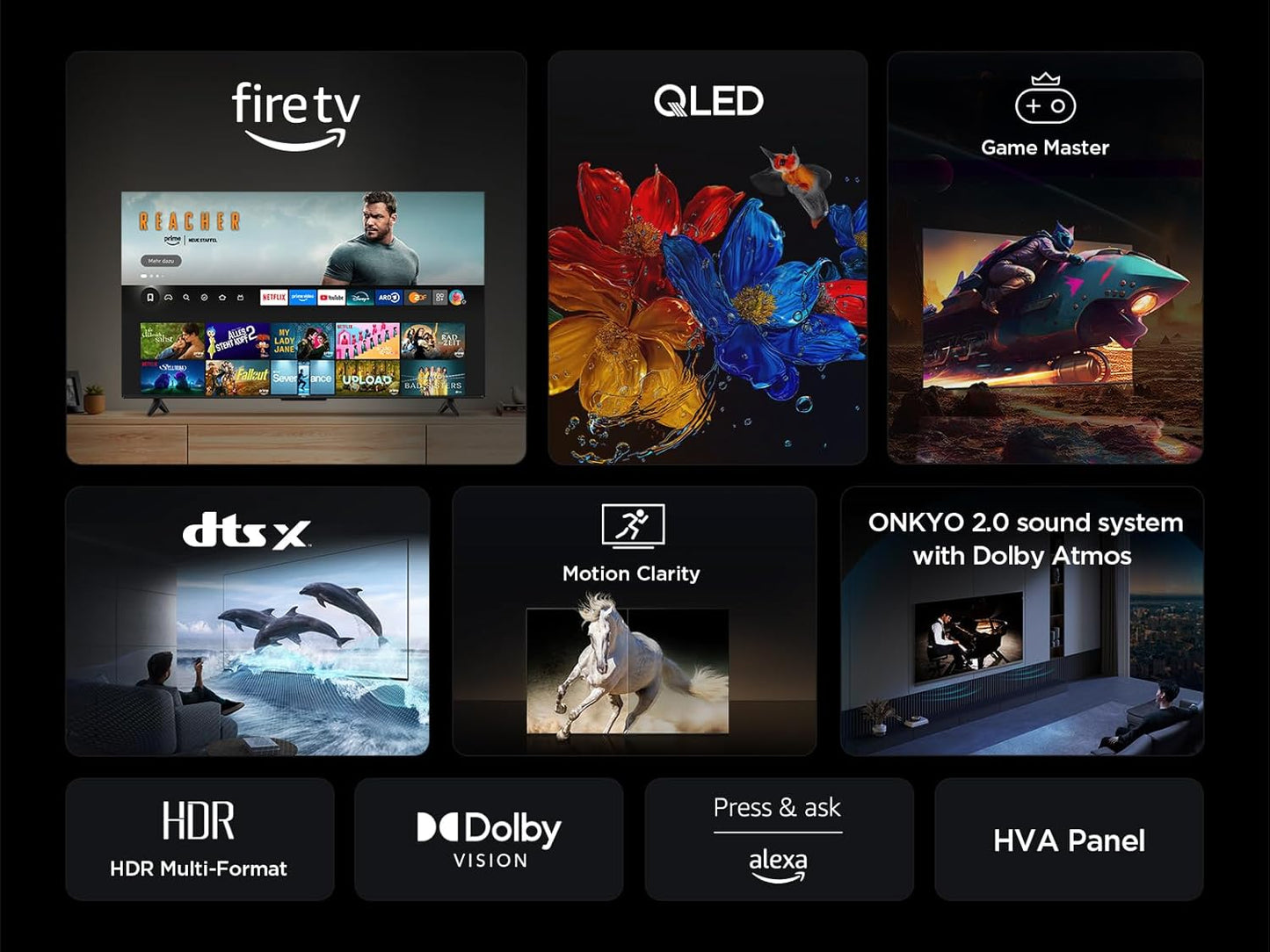 TCL 75T6C 75 Zoll QLED Fernseher, 4K UHD Fire TV, HDR10+, Dolby Vision & Atmos, Smart TV Mit Sprachsteuerung Mit Alexa, Google Cast & Airplay 2, HDMI 2.1