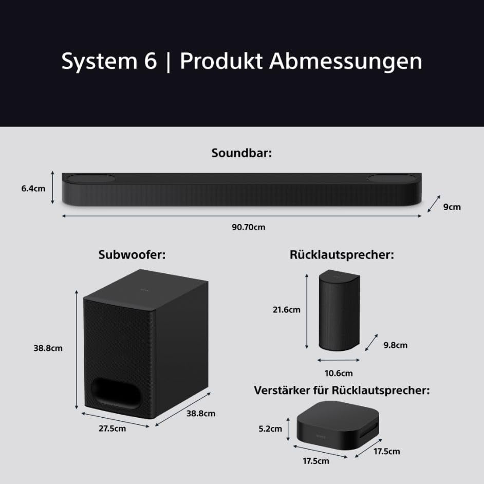Sony BRAVIA Theatre System 6 (5.1-Kanal-Surround Sound, 1000 W, Inkl. Rücklautsprecher & Subwoofer, Dolby Atmos, DTS:X, AI Voice Zoom 3 Mit BRAVIA TV, DSEE, Multi-Stereo-Party-Modus) Schwarz