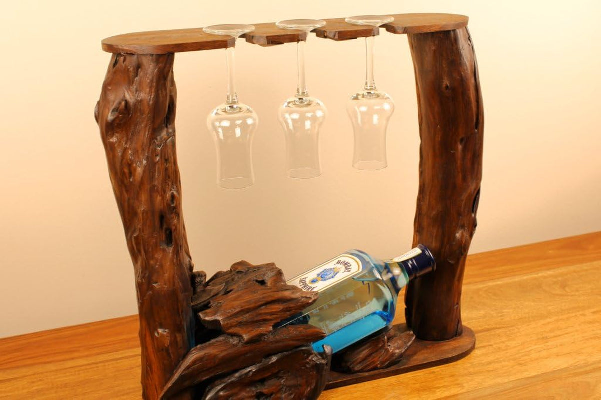 Kinaree Wurzelholz Flaschenhalter - Flaschenständer Für 1 Flasche Und 3 Gläser, Für Wein, Likör Oder Schnäpse - Geschenkidee Für Geburtstag, Weihnachten Oder Hochzeit