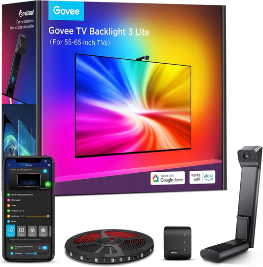Govee TV Hintergrundbeleuchtung 3 Lite Mit Fish-Eye Korrektur Funktion, Sync Für 55-65 Zoll Tvs, 3,6M RGBICW Wifi TV LED Strip Mit Kamera, 4 Farben in 1 Lampenperle, Sprach- & App-Steuerung