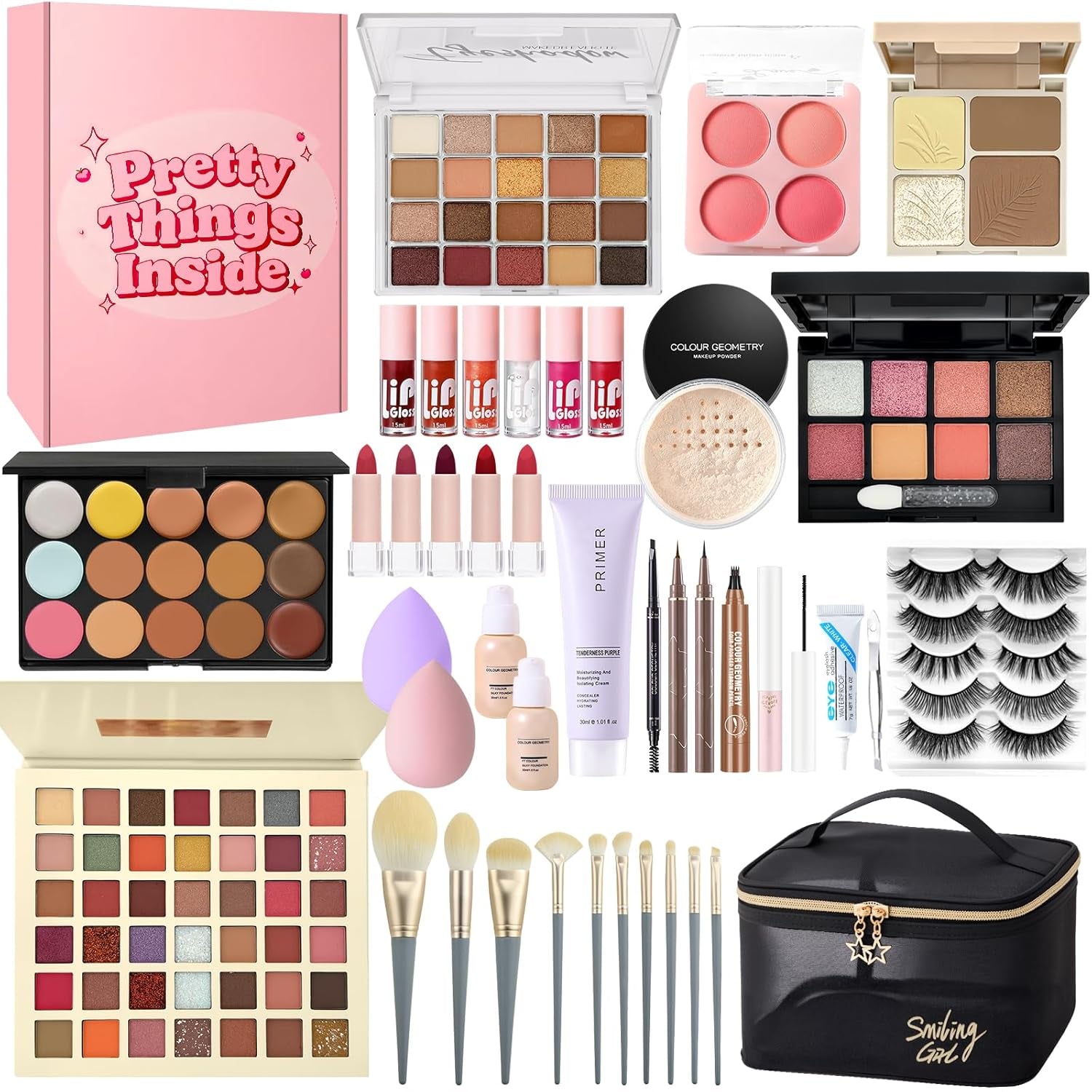 Schminkset Für Frauen, All in One Make up Set, Kosmetik Geschenkset Für Damen Mädchen Mit Lidschatten Concealer Palette, Konturierungspalette, Foundation, Mascara, Lipgloss, Eyeliner, Reisetasche