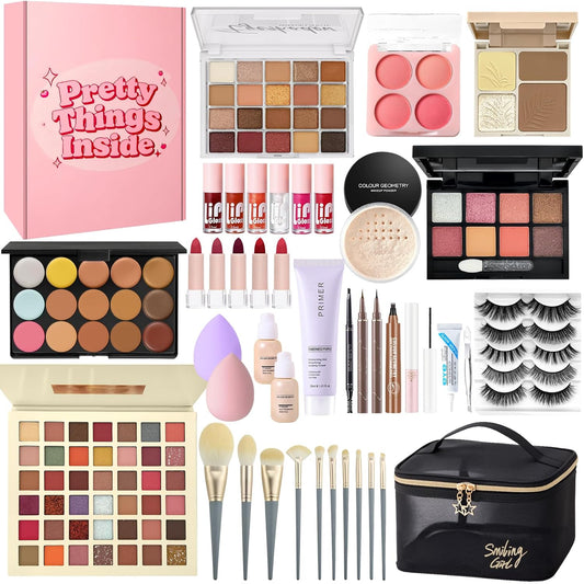 Schminkset Für Frauen, All in One Make up Set, Kosmetik Geschenkset Für Damen Mädchen Mit Lidschatten Concealer Palette, Konturierungspalette, Foundation, Mascara, Lipgloss, Eyeliner, Reisetasche