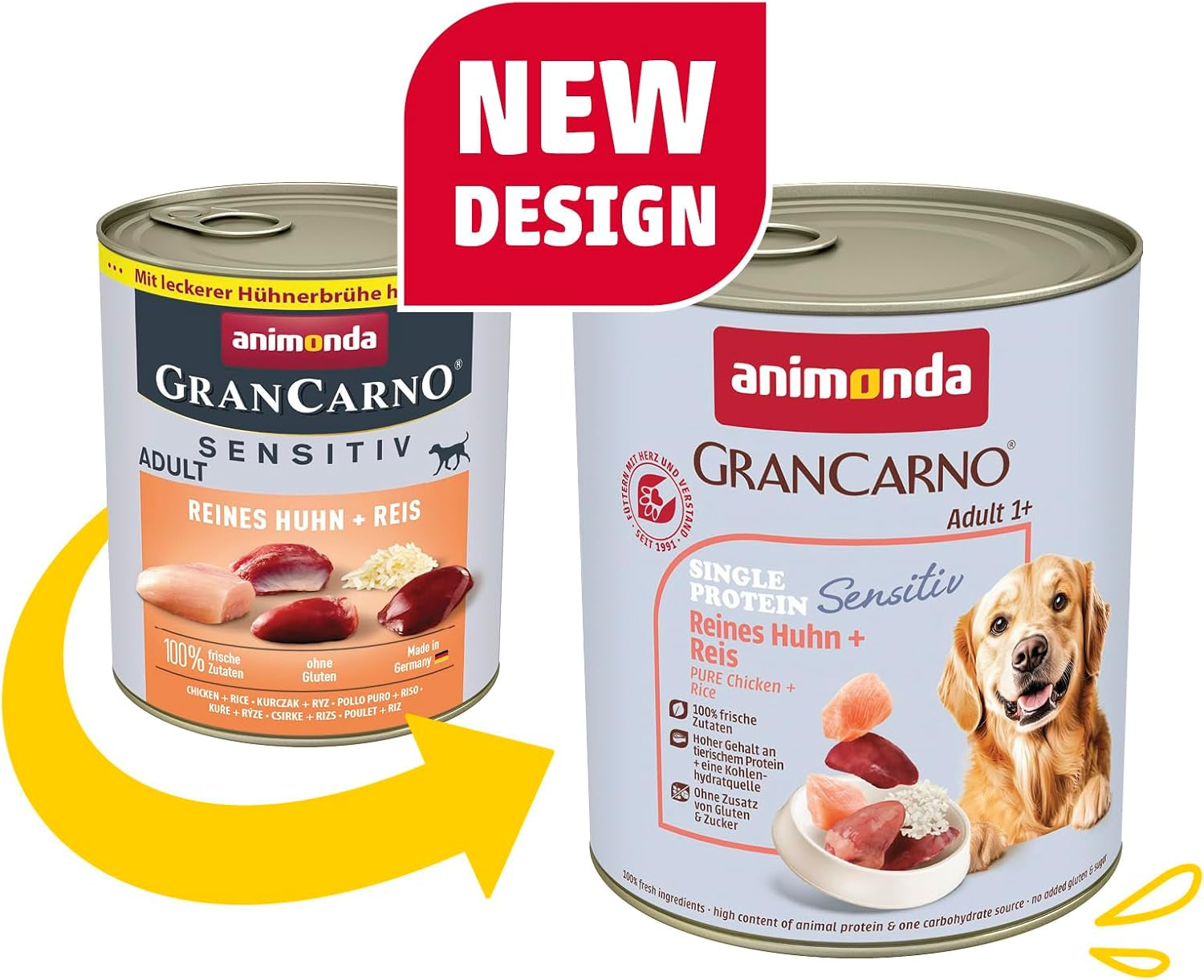 Animonda Grancarno Hunde Nassfutter Sensitiv Reines Huhn + Reis (6 X 800G), Getreidefreies Hundenassfutter Ohne Zucker, Für Ausgewachsene Hunde, Mit Frischen Fleischigen Zutaten