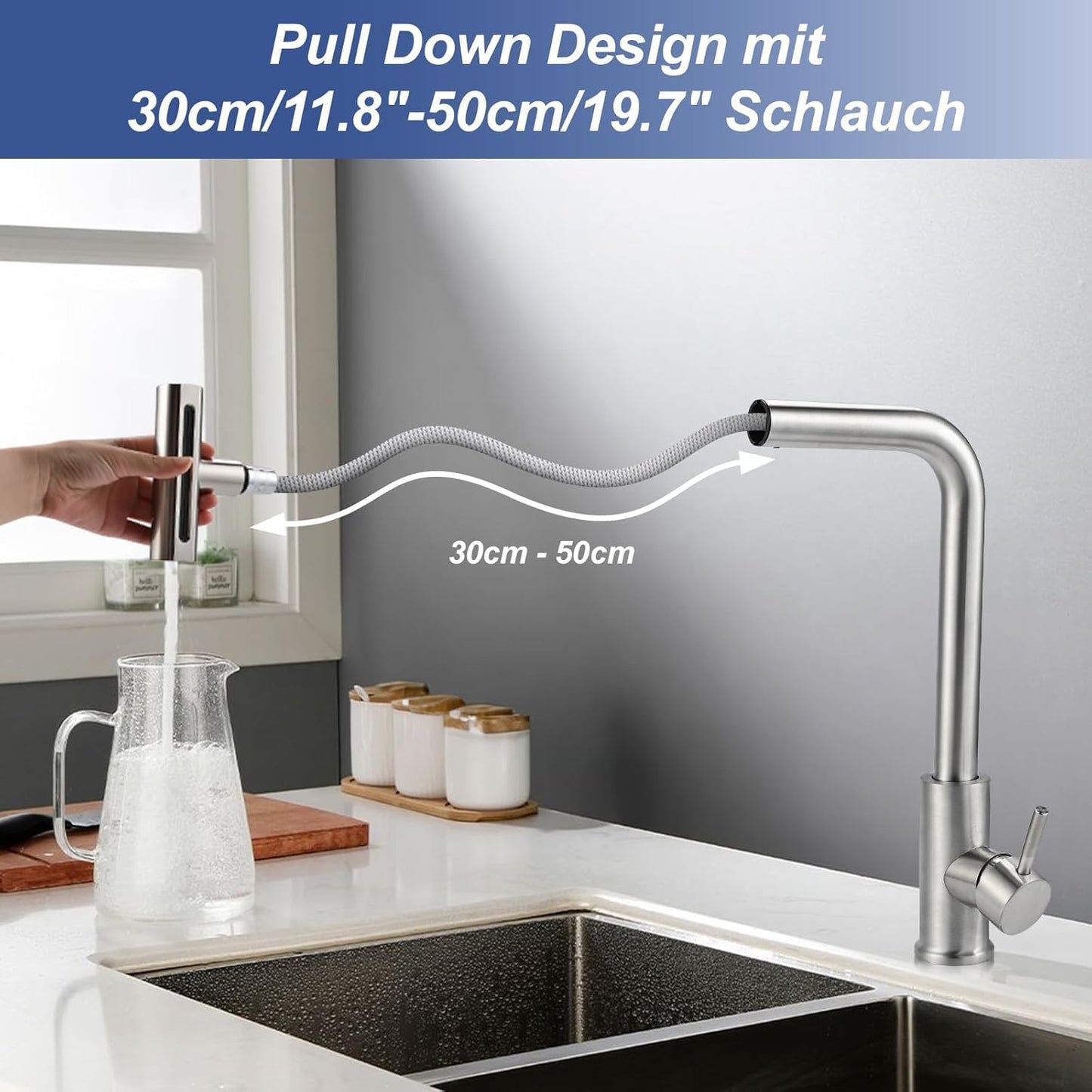 Wasserhahn Küche Ausziehbar, Hochdruck Küchenarmatur 360° Drehbar, Mischbatterie Spültischarmatur Mit Brause 4 Modus, Herausziehbarer Armatur Küche (Edelstahl)