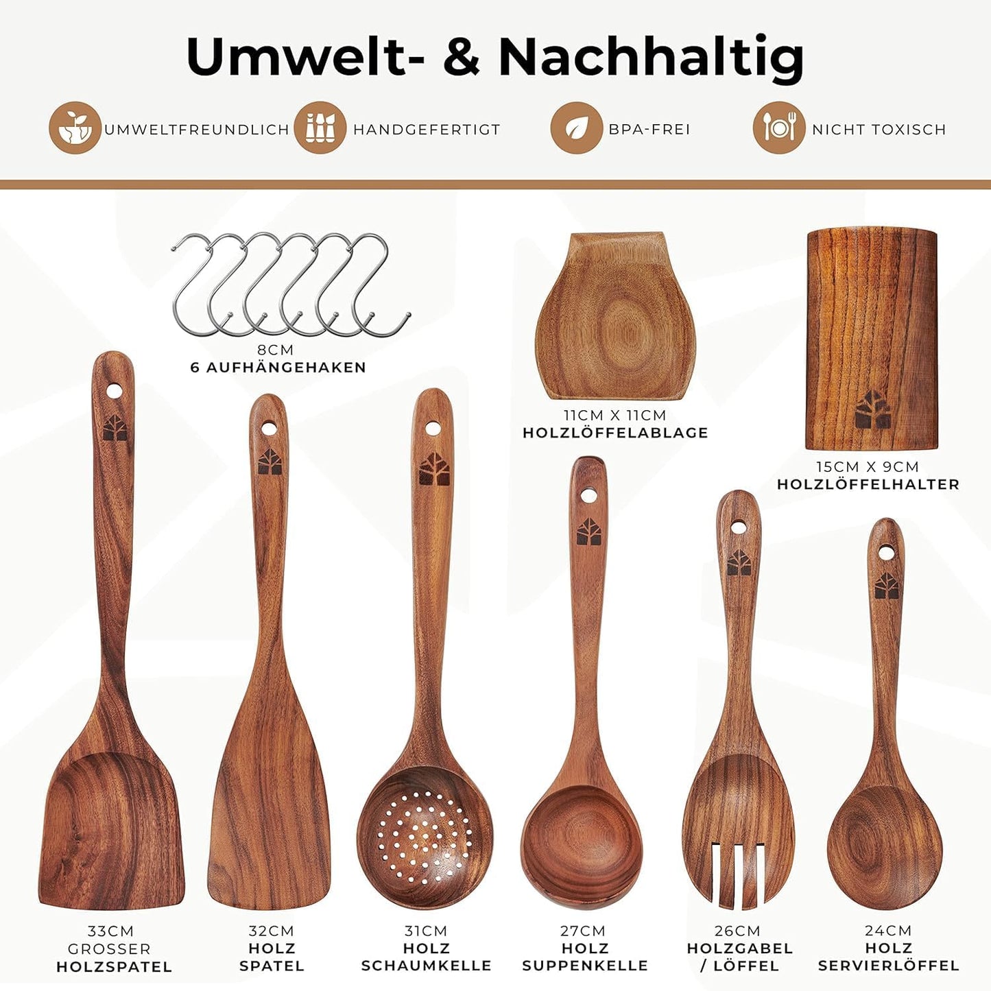Holz Kochbesteck-Set Mit Halter, Pfannenwender Kochlöffel Schöpfkelle Nudelheber Servierlöffel Sieb – Mit Haken, Halter Und Ablage – 13-Teiliges-Set Küchenset – Hochwertig & Nachhaltig