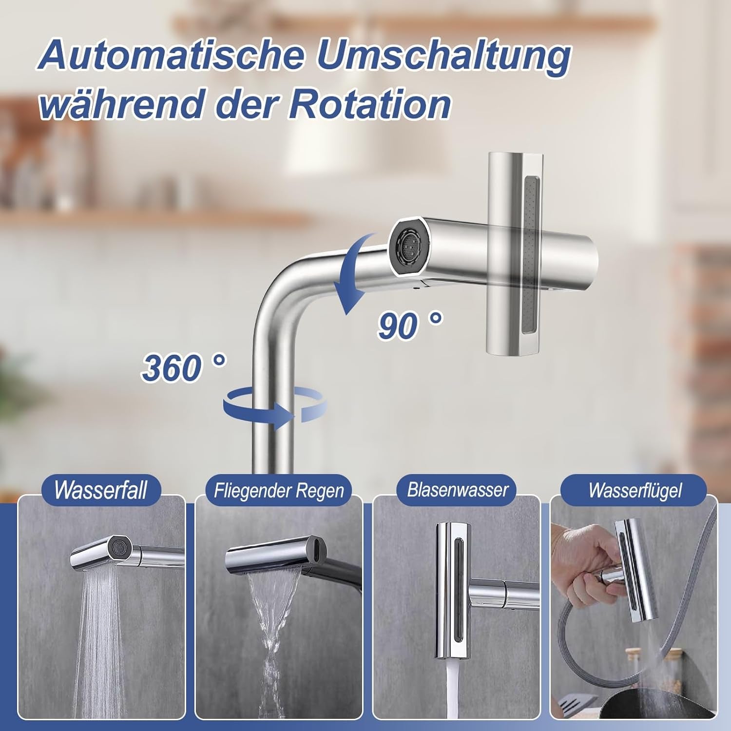Wasserhahn Küche Ausziehbar, Hochdruck Küchenarmatur 360° Drehbar, Mischbatterie Spültischarmatur Mit Brause 4 Modus, Herausziehbarer Armatur Küche (Edelstahl)