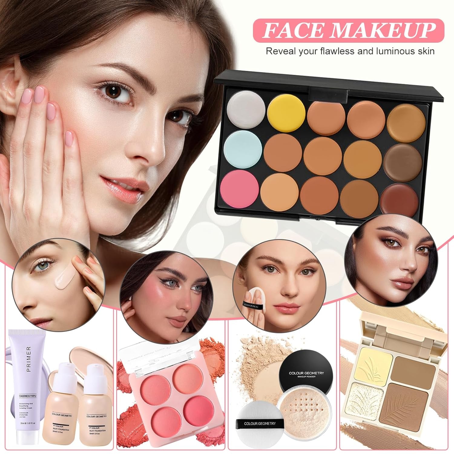 Schminkset Für Frauen, All in One Make up Set, Kosmetik Geschenkset Für Damen Mädchen Mit Lidschatten Concealer Palette, Konturierungspalette, Foundation, Mascara, Lipgloss, Eyeliner, Reisetasche