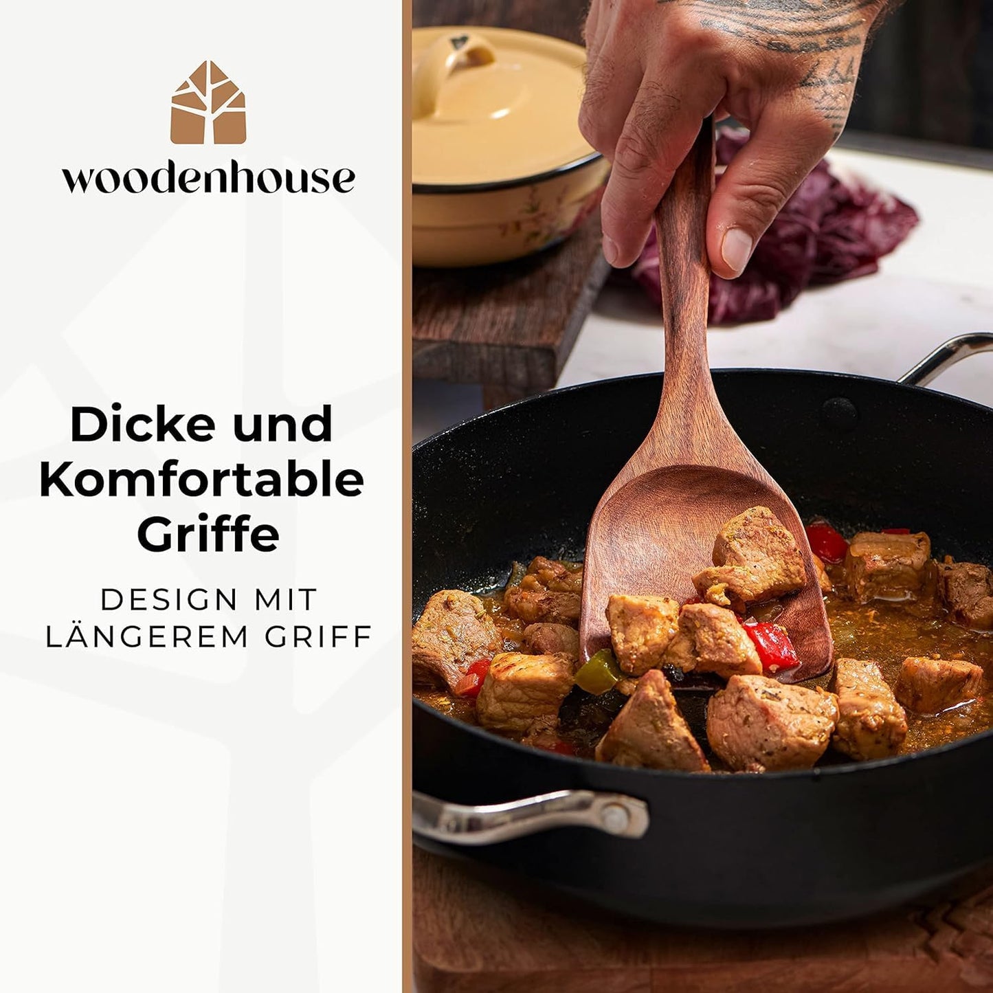 Holz Kochbesteck-Set Mit Halter, Pfannenwender Kochlöffel Schöpfkelle Nudelheber Servierlöffel Sieb – Mit Haken, Halter Und Ablage – 13-Teiliges-Set Küchenset – Hochwertig & Nachhaltig