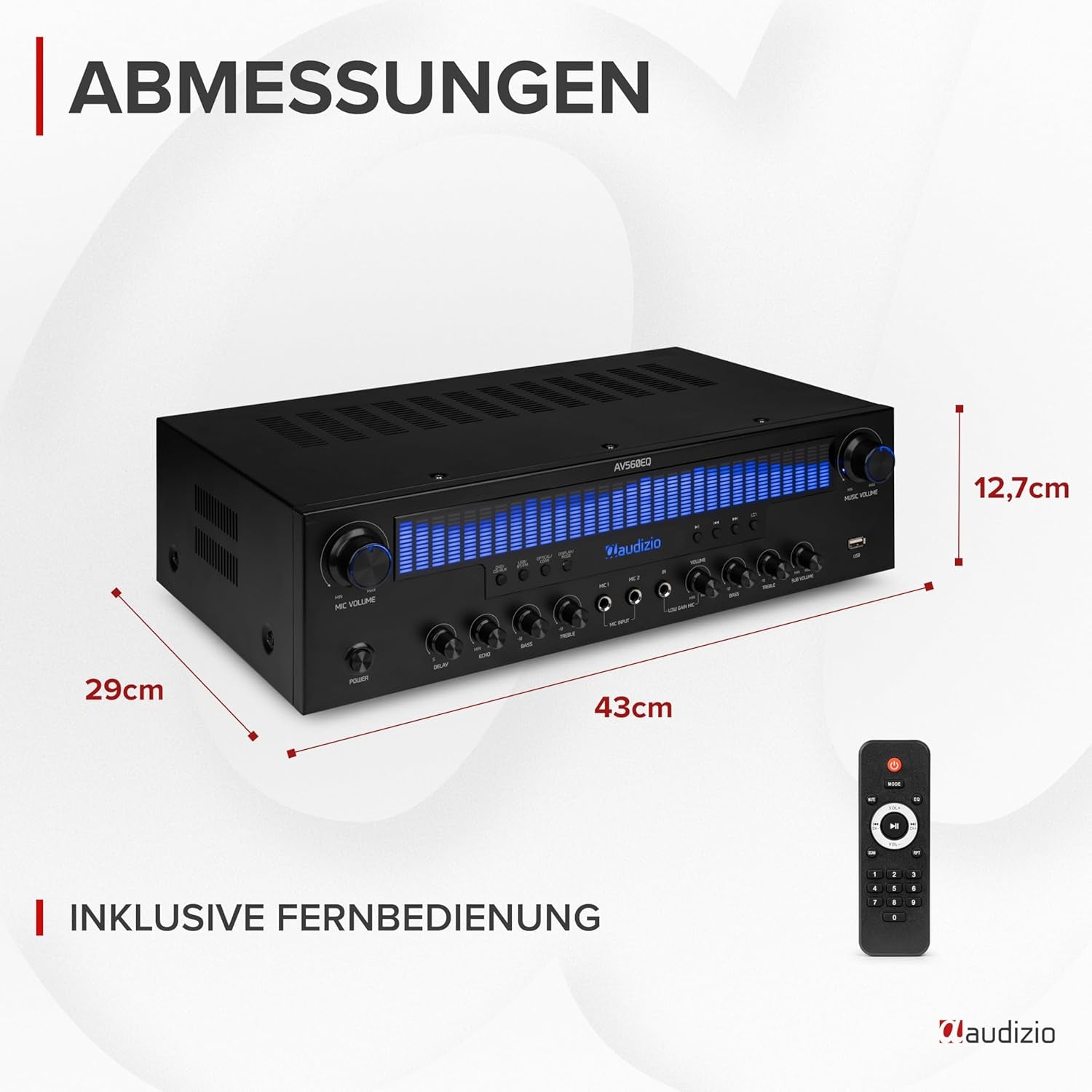 AV560EQ - 5.1 Hifi Verstärker Mit Bluetooth, 390 Watt AV Receiver & Stereoanlage Für Heimkino, TV & Musik - Verstärker Hifi Stereo Mit Subwoofer-Out, USB, Fm-Radio, 2X Mikrofon, Equalizer