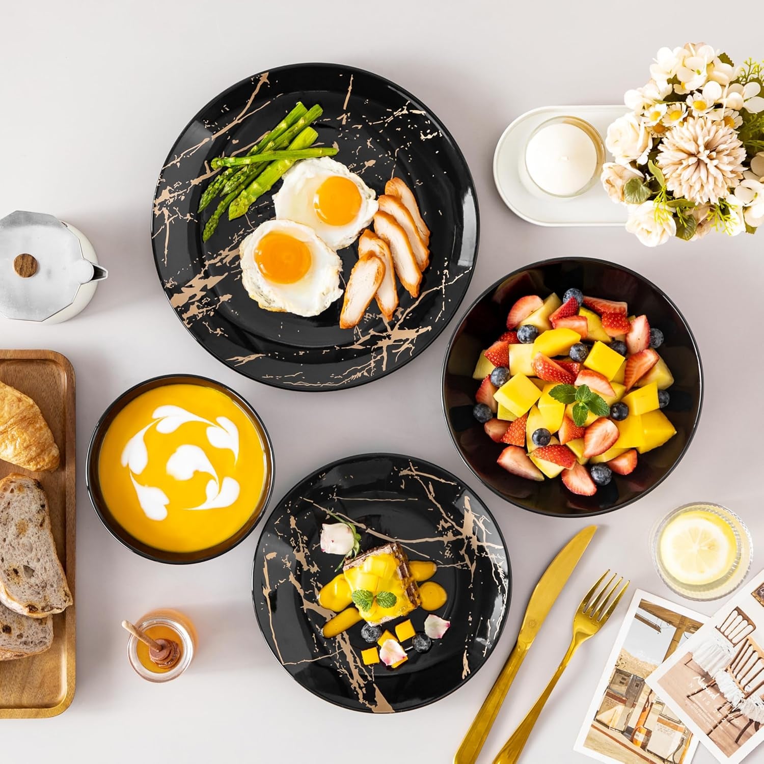 LOVECASA Tafelservice Porzellan, Serie Daphne, SWEET 24-Teiliges Kombiservice Set, Ess Geschirrset Mit Goldspritzer Design, Speiseteller, Dessertteller, Müslischalen Und Suppenteller Für 6 Personen